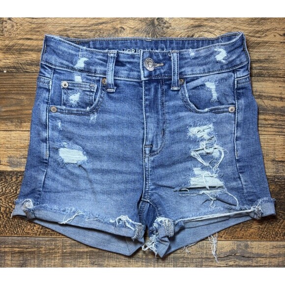 American Eagle Shorts Womens 00 Hi-Rise Shortie Denim Distressed Cutoff Ripped - Picture 1 of 10